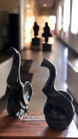 PAR DE ESCULTURAS DISEÑO: ELEFANTES. MÁRMOL NEGRO 22 Y 20 CM, ENVIO GRATIS