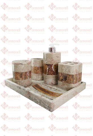JUEGO DE BAÑO MARMOL FIORITO CON MARMOL TRAVERTINO ROJO. 6 PIEZAS, ESTANDAR