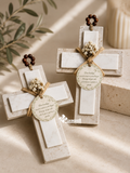 Cruz de Mármol y Ónix Natural para Bendición del Hogar | Artesanal con Flores Secas y Oración | 22 cm