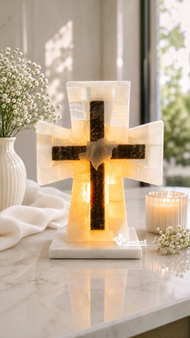 Lámpara Cruz de Ónix Blanco con Espíritu Santo | Artesanía en Piedra Natural 17 cm
