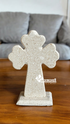 CRUZ DE PIEDRA DE MARMOL NATURAL MODELO: TRÉBOL 12 CM