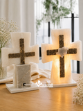 Lámpara Cruz de Ónix Blanco con Espíritu Santo | Artesanía en Piedra Natural 17 cm