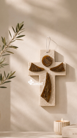 Cruz Decorativa en Mármol y Ónix Natural para Colgar | Diseño Contemporáneo 19.5 cm