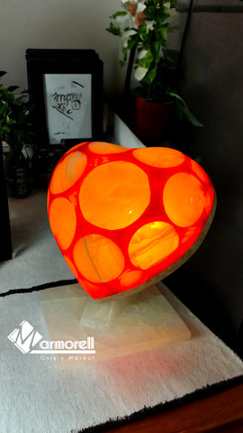 Lampara Corazón En Piedra De Onix. Tono Rojo