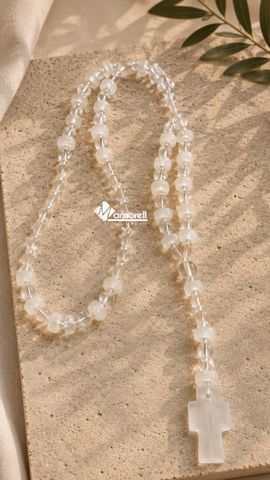 Rosario de Ónix Blanco Natural con Cristal | Hecho a Mano | 48 cm