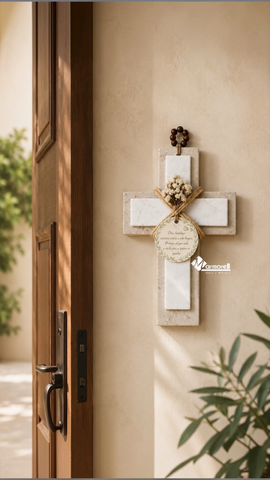 Cruz de Mármol y Ónix Natural para Bendición del Hogar | Artesanal con Flores Secas y Oración | 22 cm