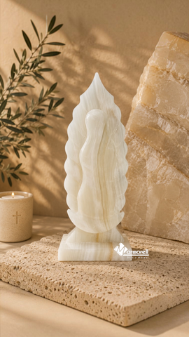Virgen de Guadalupe Esculpida en Ónix Blanco • 20 cm