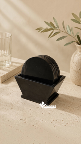SET DE PORTAVASOS DE MÁRMOL NEGRO NATURAL CON BASE