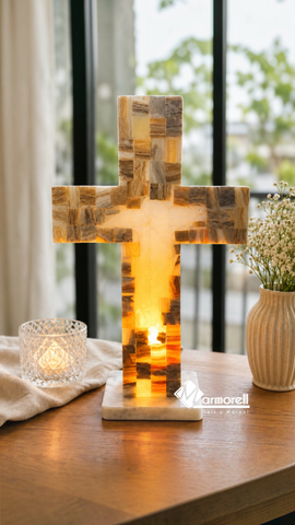 Lámpara Cruz de Ónix Natural con Cristo Central | Modelo Cruz 32 cm | Hecha a Mano