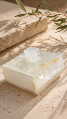 Alhajero de Ónix Blanco Natural | Caja Artesanal 7 × 7 cm