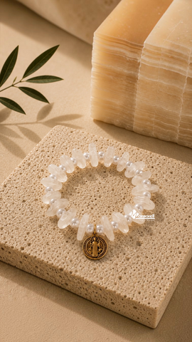 Pulsera de Ónix Blanco con Medalla de San Benito