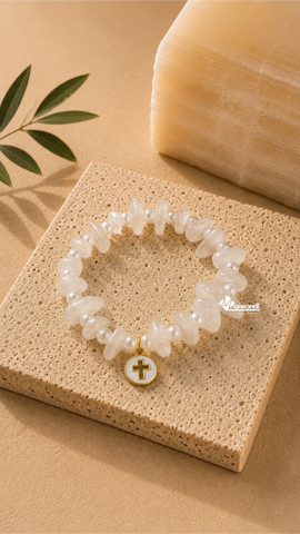 Pulsera de Ónix Blanco con Medalla de Cruz